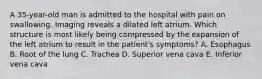 A 35-year-old man is admitted to the hospital with pain on swallowing. Imaging reveals a dilated left atrium. Which structure is most likely being compressed by the expansion of the left atrium to result in the patient's symptoms? A. Esophagus B. Root of the lung C. Trachea D. Superior vena cava E. Inferior vena cava