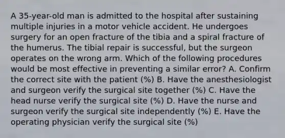 A 35-year-old man is admitted to the hospital after sustaining multiple injuries in a motor vehicle accident. He undergoes surgery for an open fracture of the tibia and a spiral fracture of the humerus. The tibial repair is successful, but the surgeon operates on the wrong arm. Which of the following procedures would be most effective in preventing a similar error? A. Confirm the correct site with the patient (%) B. Have the anesthesiologist and surgeon verify the surgical site together (%) C. Have the head nurse verify the surgical site (%) D. Have the nurse and surgeon verify the surgical site independently (%) E. Have the operating physician verify the surgical site (%)