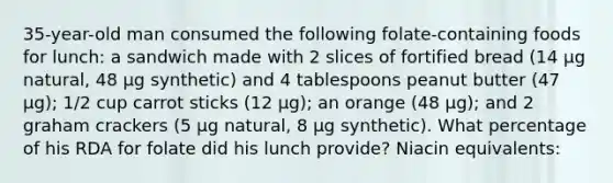 35-year-old man consumed the following folate-containing foods for lunch: a sandwich made with 2 slices of fortified bread (14 μg natural, 48 μg synthetic) and 4 tablespoons peanut butter (47 μg); 1/2 cup carrot sticks (12 μg); an orange (48 μg); and 2 graham crackers (5 μg natural, 8 μg synthetic). What percentage of his RDA for folate did his lunch provide? Niacin equivalents: