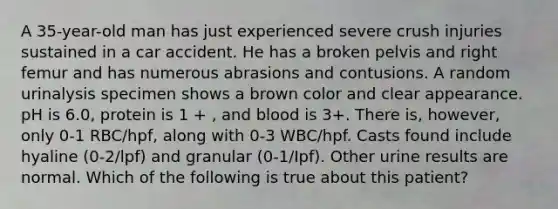 A 35-year-old man has just experienced severe crush injuries sustained in a car accident. He has a broken pelvis and right femur and has numerous abrasions and contusions. A random urinalysis specimen shows a brown color and clear appearance. pH is 6.0, protein is 1 + , and blood is 3+. There is, however, only 0-1 RBC/hpf, along with 0-3 WBC/hpf. Casts found include hyaline (0-2/lpf) and granular (0-1/Ipf). Other urine results are normal. Which of the following is true about this patient?