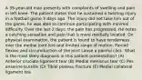 A 35-year-old man presents with complaints of swelling and pain in left knee. The patient states that he sustained a twisting injury in a football game 3 days ago. The injury did not take him out of the game; he was able to continue participating with minimal difficulty. Over the last 2 days, the pain has progressed. He notes a catching sensation and pain that is more medially located. On physical examination, the patient is found to have tenderness over the medial joint line and limited range of motion. Forced flexion and circumduction of the joint cause a painful click. What is the most likely diagnosis in this patient presentation? (A) Anterior cruciate ligament tear (B) Medial meniscus tear (C) Pes anserine bursitis (D) Tibial plateau fracture (E) Medial collateral ligament tea