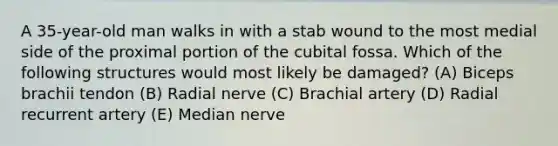 A 35-year-old man walks in with a stab wound to the most medial side of the proximal portion of the cubital fossa. Which of the following structures would most likely be damaged? (A) Biceps brachii tendon (B) Radial nerve (C) Brachial artery (D) Radial recurrent artery (E) Median nerve