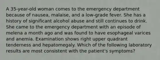 A 35-year-old woman comes to the emergency department because of nausea, malaise, and a low-grade fever. She has a history of significant alcohol abuse and still continues to drink. She came to the emergency department with an episode of melena a month ago and was found to have esophageal varices and anemia. Examination shows right upper quadrant tenderness and hepatomegaly. Which of the following laboratory results are most consistent with the patient's symptoms?