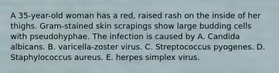 A 35-year-old woman has a red, raised rash on the inside of her thighs. Gram-stained skin scrapings show large budding cells with pseudohyphae. The infection is caused by A. Candida albicans. B. varicella-zoster virus. C. Streptococcus pyogenes. D. Staphylococcus aureus. E. herpes simplex virus.