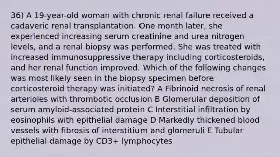 36) A 19-year-old woman with chronic renal failure received a cadaveric renal transplantation. One month later, she experienced increasing serum creatinine and urea nitrogen levels, and a renal biopsy was performed. She was treated with increased immunosuppressive therapy including corticosteroids, and her renal function improved. Which of the following changes was most likely seen in the biopsy specimen before corticosteroid therapy was initiated? A Fibrinoid necrosis of renal arterioles with thrombotic occlusion B Glomerular deposition of serum amyloid-associated protein C Interstitial inﬁltration by eosinophils with epithelial damage D Markedly thickened blood vessels with ﬁbrosis of interstitium and glomeruli E Tubular epithelial damage by CD3+ lymphocytes