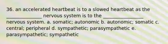 36. an accelerated heartbeat is to a slowed heartbeat as the _______________ nervous system is to the _________________ nervous system. a. somatic; autonomic b. autonomic; somatic c. central; peripheral d. sympathetic; parasympathetic e. parasympathetic; sympathetic