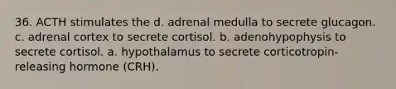 36. ACTH stimulates the d. adrenal medulla to secrete glucagon. с. adrenal cortex to secrete cortisol. b. adenohypophysis to secrete cortisol. a. hypothalamus to secrete corticotropin-releasing hormone (CRH).