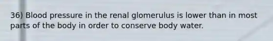 36) Blood pressure in the renal glomerulus is lower than in most parts of the body in order to conserve body water.