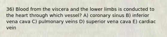 36) Blood from the viscera and the lower limbs is conducted to the heart through which vessel? A) coronary sinus B) inferior vena cava C) pulmonary veins D) superior vena cava E) cardiac vein