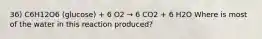 36) C6H12O6 (glucose) + 6 O2 → 6 CO2 + 6 H2O Where is most of the water in this reaction produced?