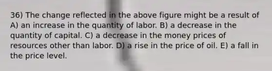 36) The change reflected in the above figure might be a result of A) an increase in the quantity of labor. B) a decrease in the quantity of capital. C) a decrease in the money prices of resources other than labor. D) a rise in the price of oil. E) a fall in the price level.