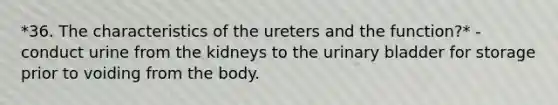 *36. The characteristics of the ureters and the function?* - conduct urine from the kidneys to the urinary bladder for storage prior to voiding from the body.