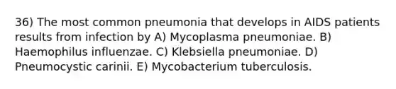 36) The most common pneumonia that develops in AIDS patients results from infection by A) Mycoplasma pneumoniae. B) Haemophilus influenzae. C) Klebsiella pneumoniae. D) Pneumocystic carinii. E) Mycobacterium tuberculosis.