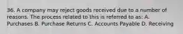 36. A company may reject goods received due to a number of reasons. The process related to this is referred to as: A. Purchases B. Purchase Returns C. Accounts Payable D. Receiving