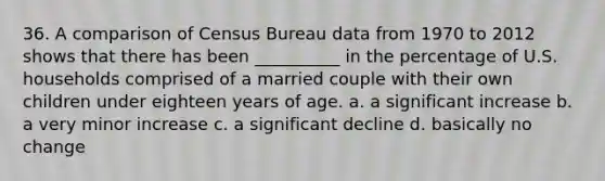 36. ​A comparison of Census Bureau data from 1970 to 2012 shows that there has been __________ in the percentage of U.S. households comprised of a married couple with their own children under eighteen years of age. a. ​a significant increase b. ​a very minor increase c. ​a significant decline d. ​basically no change