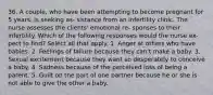 36. A couple, who have been attempting to become pregnant for 5 years, is seeking as- sistance from an infertility clinic. The nurse assesses the clients' emotional re- sponses to their infertility. Which of the following responses would the nurse ex- pect to find? Select all that apply. 1. Anger at others who have babies. 2. Feelings of failure because they can't make a baby. 3. Sexual excitement because they want so desperately to conceive a baby. 4. Sadness because of the perceived loss of being a parent. 5. Guilt on the part of one partner because he or she is not able to give the other a baby.