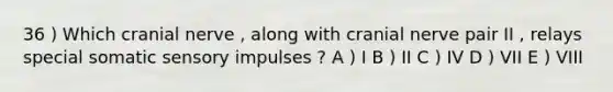 36 ) Which cranial nerve , along with cranial nerve pair II , relays special somatic sensory impulses ? A ) I B ) II C ) IV D ) VII E ) VIII