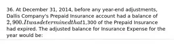 36. At December 31, 2014, before any year-end adjustments, Dallis Company's Prepaid Insurance account had a balance of 2,900. It was determined that1,300 of the Prepaid Insurance had expired. The adjusted balance for Insurance Expense for the year would be: