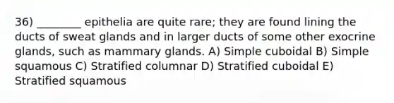 36) ________ epithelia are quite rare; they are found lining the ducts of sweat glands and in larger ducts of some other exocrine glands, such as mammary glands. A) Simple cuboidal B) Simple squamous C) Stratified columnar D) Stratified cuboidal E) Stratified squamous