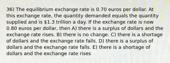 36) The equilibrium exchange rate is 0.70 euros per dollar. At this exchange rate, the quantity demanded equals the quantity supplied and is 1.3 trillion a day. If the exchange rate is now 0.80 euros per dollar, then A) there is a surplus of dollars and the exchange rate rises. B) there is no change. C) there is a shortage of dollars and the exchange rate falls. D) there is a surplus of dollars and the exchange rate falls. E) there is a shortage of dollars and the exchange rate rises