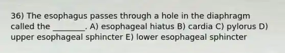 36) <a href='https://www.questionai.com/knowledge/kSjVhaa9qF-the-esophagus' class='anchor-knowledge'>the esophagus</a> passes through a hole in the diaphragm called the ________. A) esophageal hiatus B) cardia C) pylorus D) upper esophageal sphincter E) lower esophageal sphincter