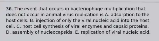 36. The event that occurs in bacteriophage multiplication that does not occur in animal virus replication is A. adsorption to the host cells. B. injection of only the viral nucleic acid into the host cell. C. host cell synthesis of viral enzymes and capsid proteins. D. assembly of nucleocapsids. E. replication of viral nucleic acid.