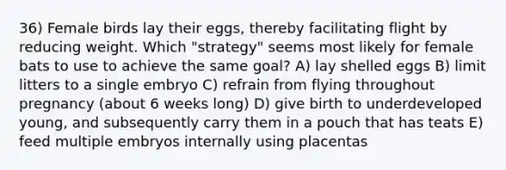 36) Female birds lay their eggs, thereby facilitating flight by reducing weight. Which "strategy" seems most likely for female bats to use to achieve the same goal? A) lay shelled eggs B) limit litters to a single embryo C) refrain from flying throughout pregnancy (about 6 weeks long) D) give birth to underdeveloped young, and subsequently carry them in a pouch that has teats E) feed multiple embryos internally using placentas