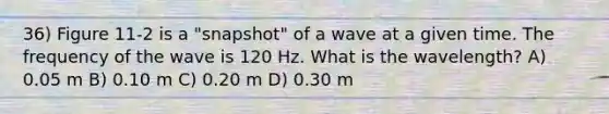 36) Figure 11-2 is a "snapshot" of a wave at a given time. The frequency of the wave is 120 Hz. What is the wavelength? A) 0.05 m B) 0.10 m C) 0.20 m D) 0.30 m