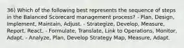 36) Which of the following best represents the sequence of steps in the Balanced Scorecard management process? - Plan, Design, Implement, Maintain, Adjust. - Strategize, Develop, Measure, Report, React. - Formulate, Translate, Link to Operations, Monitor, Adapt. - Analyze, Plan, Develop Strategy Map, Measure, Adapt.