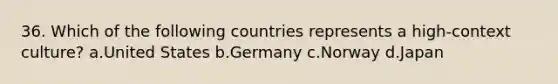 36. Which of the following countries represents a high-context culture? a.United States b.Germany c.Norway d.Japan