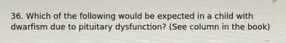 36. Which of the following would be expected in a child with dwarfism due to pituitary dysfunction? (See column in the book)