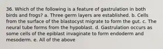 36. Which of the following is a feature of gastrulation in both birds and frogs? a. Three germ layers are established. b. Cells from the surface of the blastocyst migrate to form the gut. c. The neural tube forms from the hypoblast. d. Gastrulation occurs as some cells of the epiblast invaginate to form endoderm and mesoderm. e. All of the above