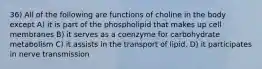 36) All of the following are functions of choline in the body except A) it is part of the phospholipid that makes up cell membranes B) it serves as a coenzyme for carbohydrate metabolism C) it assists in the transport of lipid. D) it participates in nerve transmission