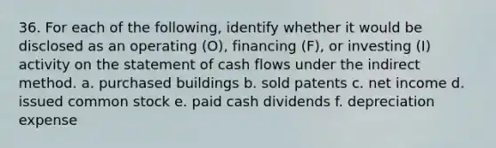 36. For each of the following, identify whether it would be disclosed as an operating (O), financing (F), or investing (I) activity on the statement of cash flows under the indirect method. a. purchased buildings b. sold patents c. net income d. issued common stock e. paid cash dividends f. depreciation expense