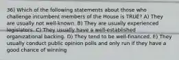 36) Which of the following statements about those who challenge incumbent members of the House is TRUE? A) They are usually not well-known. B) They are usually experienced legislators. C) They usually have a well-established organizational backing. D) They tend to be well-financed. E) They usually conduct public opinion polls and only run if they have a good chance of winning