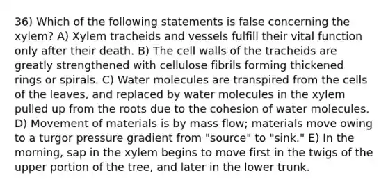 36) Which of the following statements is false concerning the xylem? A) Xylem tracheids and vessels fulfill their vital function only after their death. B) The cell walls of the tracheids are greatly strengthened with cellulose fibrils forming thickened rings or spirals. C) Water molecules are transpired from the cells of the leaves, and replaced by water molecules in the xylem pulled up from the roots due to the cohesion of water molecules. D) Movement of materials is by mass flow; materials move owing to a turgor pressure gradient from "source" to "sink." E) In the morning, sap in the xylem begins to move first in the twigs of the upper portion of the tree, and later in the lower trunk.