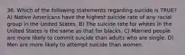 36. Which of the following statements regarding suicide is TRUE? A) Native Americans have the highest suicide rate of any racial group in the United States. B) The suicide rate for whites in the United States is the same as that for blacks. C) Married people are more likely to commit suicide than adults who are single. D) Men are more likely to attempt suicide than women.