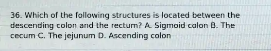 36. Which of the following structures is located between the descending colon and the rectum? A. Sigmoid colon B. The cecum C. The jejunum D. Ascending colon