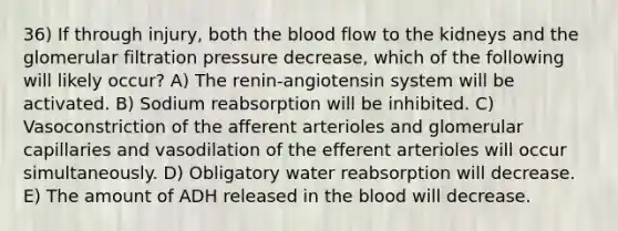 36) If through injury, both the blood flow to the kidneys and the glomerular filtration pressure decrease, which of the following will likely occur? A) The renin-angiotensin system will be activated. B) Sodium reabsorption will be inhibited. C) Vasoconstriction of the afferent arterioles and glomerular capillaries and vasodilation of the efferent arterioles will occur simultaneously. D) Obligatory water reabsorption will decrease. E) The amount of ADH released in the blood will decrease.