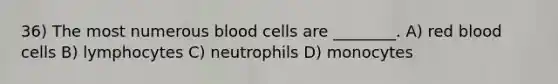 36) The most numerous blood cells are ________. A) red blood cells B) lymphocytes C) neutrophils D) monocytes