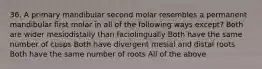 36. A primary mandibular second molar resembles a permanent mandibular first molar in all of the following ways except? Both are wider mesiodistally than faciolingually Both have the same number of cusps Both have divergent mesial and distal roots Both have the same number of roots All of the above