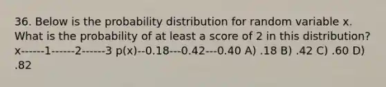 36. Below is the probability distribution for random variable x. What is the probability of at least a score of 2 in this distribution? x------1------2------3 p(x)--0.18---0.42---0.40 A) .18 B) .42 C) .60 D) .82