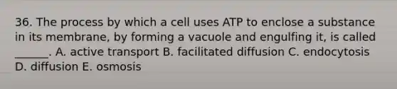 36. The process by which a cell uses ATP to enclose a substance in its membrane, by forming a vacuole and engulfing it, is called ______. A. active transport B. facilitated diffusion C. endocytosis D. diffusion E. osmosis