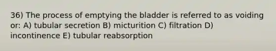 36) The process of emptying the bladder is referred to as voiding or: A) tubular secretion B) micturition C) filtration D) incontinence E) tubular reabsorption