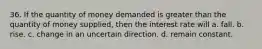 36. If the quantity of money demanded is greater than the quantity of money supplied, then the interest rate will a. fall. b. rise. c. change in an uncertain direction. d. remain constant.