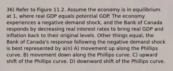 36) Refer to Figure 11.2. Assume the economy is in equilibrium at 1, where real GDP equals potential GDP. The economy experiences a negative demand shock, and the Bank of Canada responds by decreasing real interest rates to bring real GDP and inflation back to their original levels. Other things equal, the Bank of Canada's response following the negative demand shock is best represented by a(n) A) movement up along the Phillips curve. B) movement down along the Phillips curve. C) upward shift of the Phillips curve. D) downward shift of the Phillips curve.