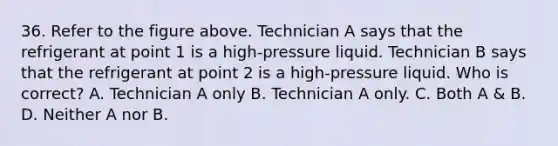 36. Refer to the figure above. Technician A says that the refrigerant at point 1 is a high-pressure liquid. Technician B says that the refrigerant at point 2 is a high-pressure liquid. Who is correct? A. Technician A only B. Technician A only. C. Both A & B. D. Neither A nor B.