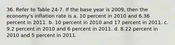 36. Refer to Table 24-7. If the base year is 2009, then the economy's inflation rate is a. 10 percent in 2010 and 6.36 percent in 2011. b. 10 percent in 2010 and 17 percent in 2011. c. 9.2 percent in 2010 and 6 percent in 2011. d. 8.22 percent in 2010 and 5 percent in 2011.