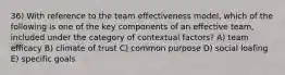 36) With reference to the team effectiveness model, which of the following is one of the key components of an effective team, included under the category of contextual factors? A) team efficacy B) climate of trust C) common purpose D) social loafing E) specific goals