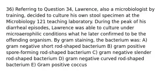 36) Referring to Question 34, Lawrence, also a microbiologist by training, decided to culture his own stool specimen at the Microbiology 121 teaching laboratory. During the peak of his diarrheal episodes, Lawrence was able to culture under microaerophilic conditions what he later confirmed to be the offending organism. By gram staining, the bacterium was: A) gram negative short rod-shaped bacterium B) gram positive spore-forming rod-shaped bacterium C) gram negative slender rod-shaped bacterium D) gram negative curved rod-shaped bacterium E) Gram positive coccus